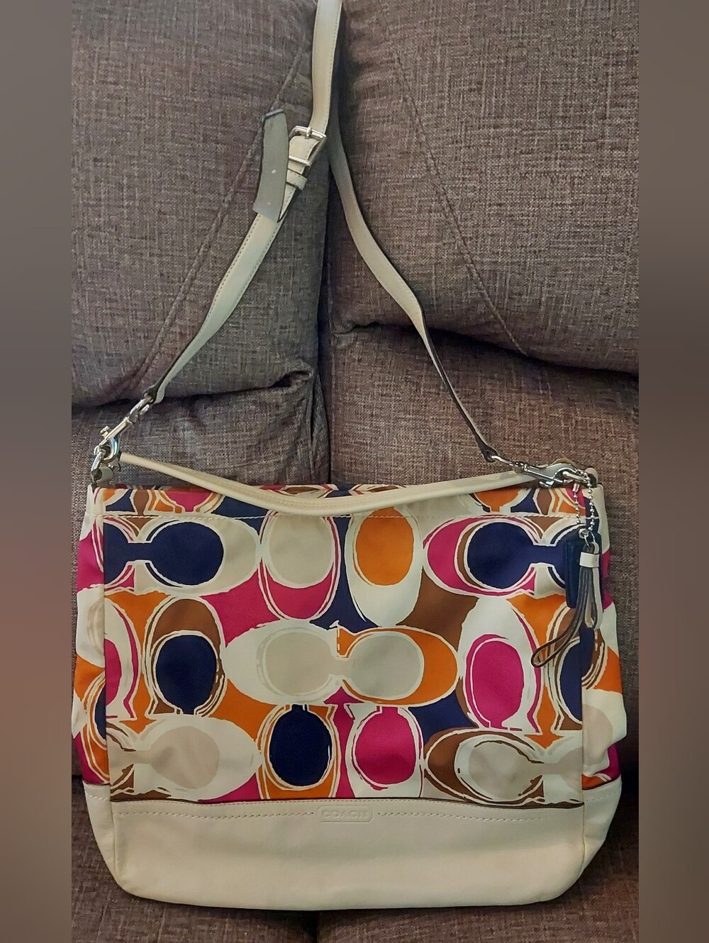 Coach Multicolor Signature Circle Print Shoulder Bag in Navy, Pink & Orange F232